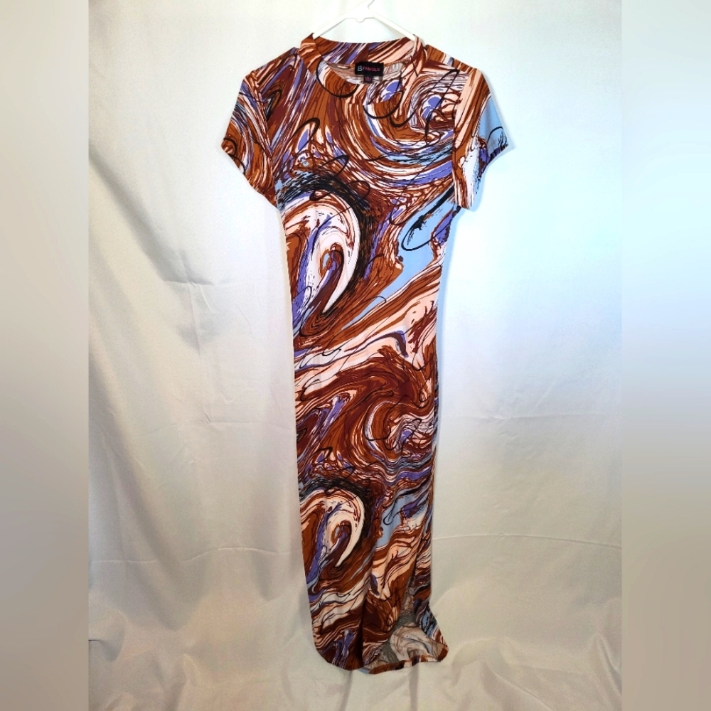 B Famous Abstract Brown Maxi Slit Dress Soft Strechy Open Back Cut Out Fall